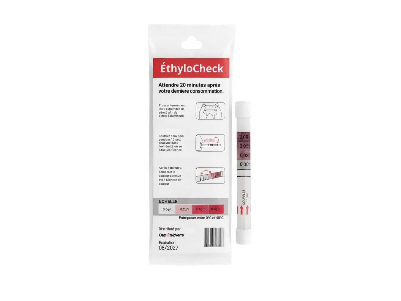 EthyloCheck™ – Éthylotest jetable préventif (0,0 g/L à 0,8 g/L) – Usage unique