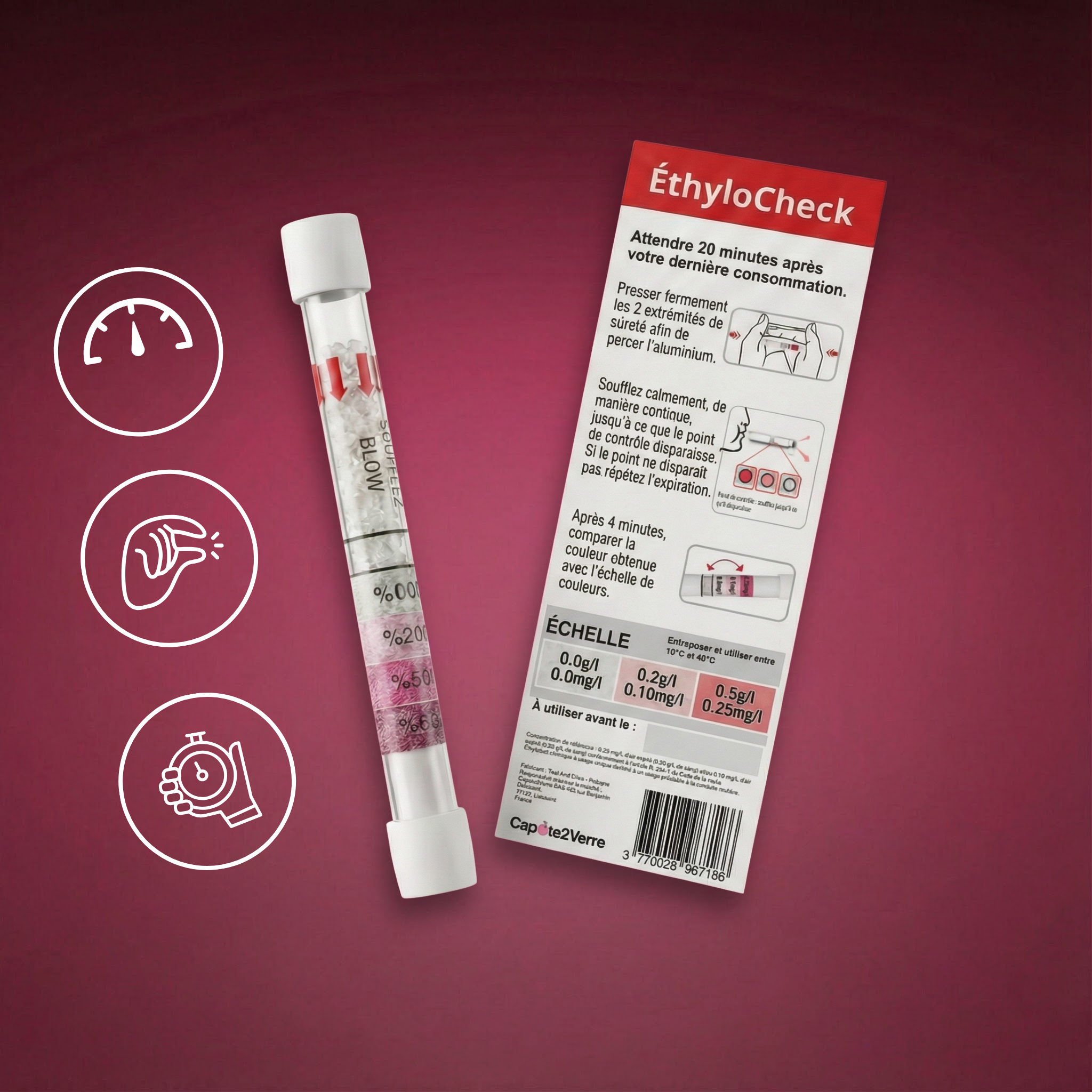 EthyloCheck™ - Προληπτικό αλκοτέστ μίας χρήσης (0,0 g/L - 0,2 g/L - 0,5 g/L)