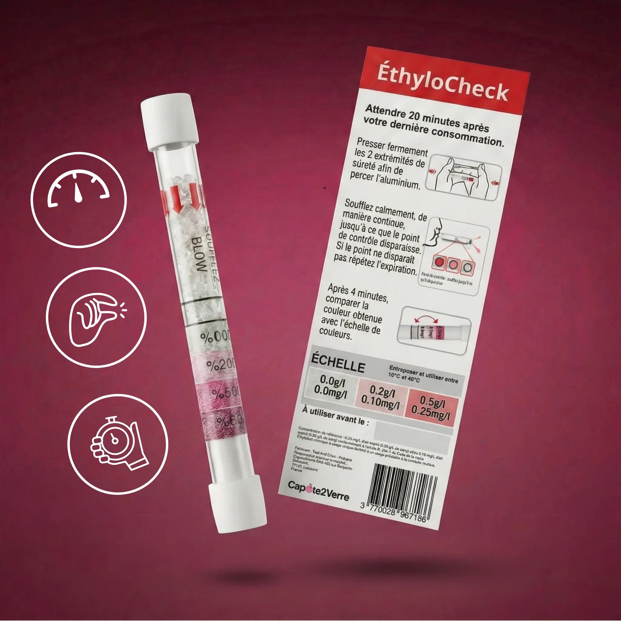 EthyloCheck™ – Éthylotest jetable préventif (0,0 g/L à 0,8 g/L) – Usage unique