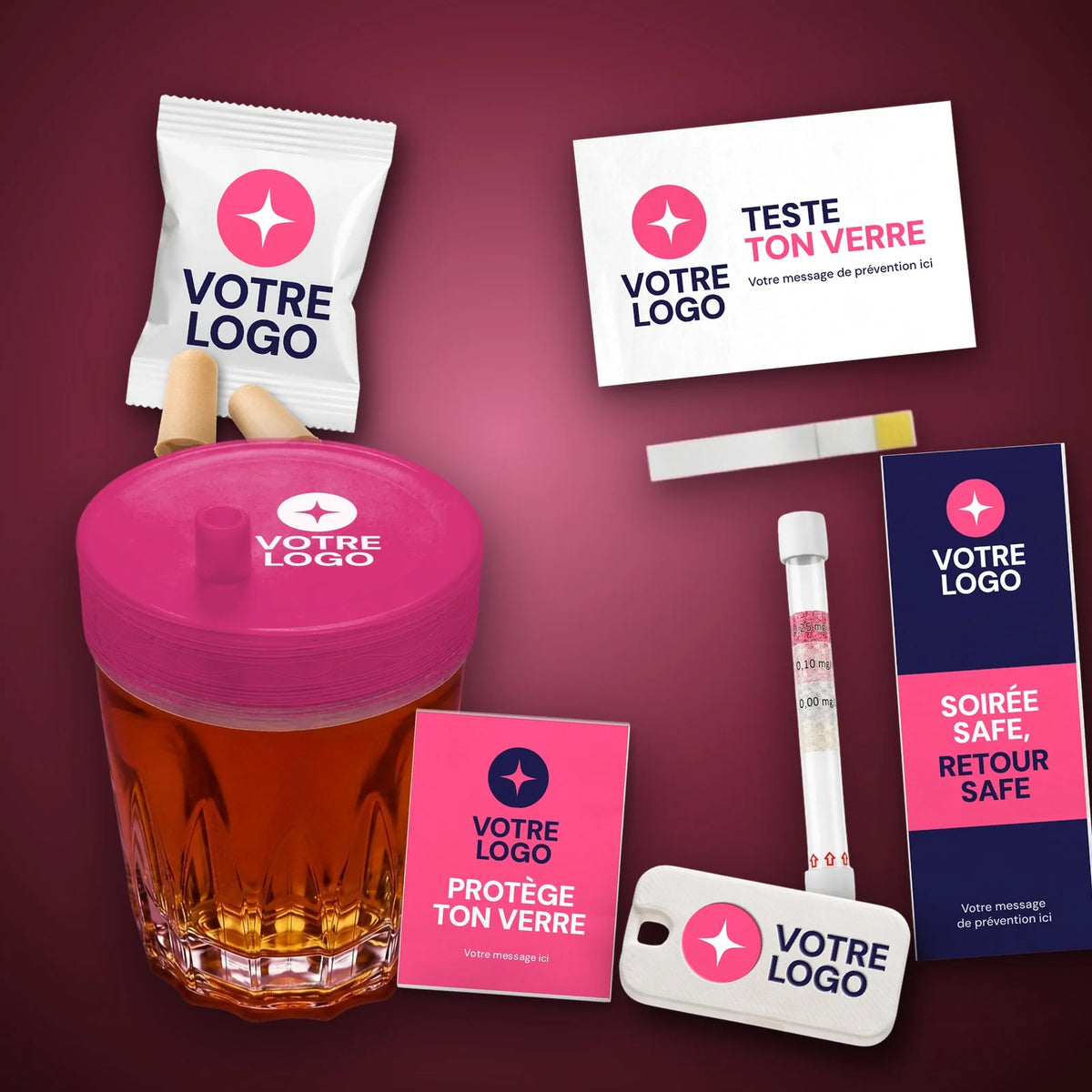 Produtos de prevenção para a vida noturna personalizados: tampa antidroga para copos, teste CYD de drogas em bebidas, alcoolímetro, tampões para os ouvidos e apito com o seu logótipo