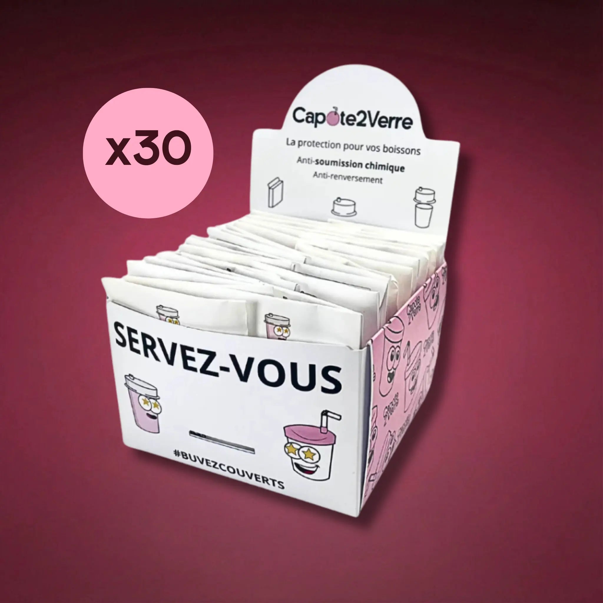 Présentoir de 30 Capotes pour Verre – Protection anti-drogue et anti-renversement