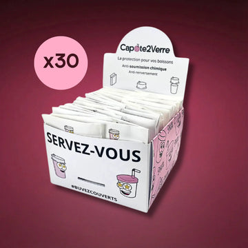 Présentoir de 30 Capotes pour Verre – Protection anti-drogue et anti-renversement