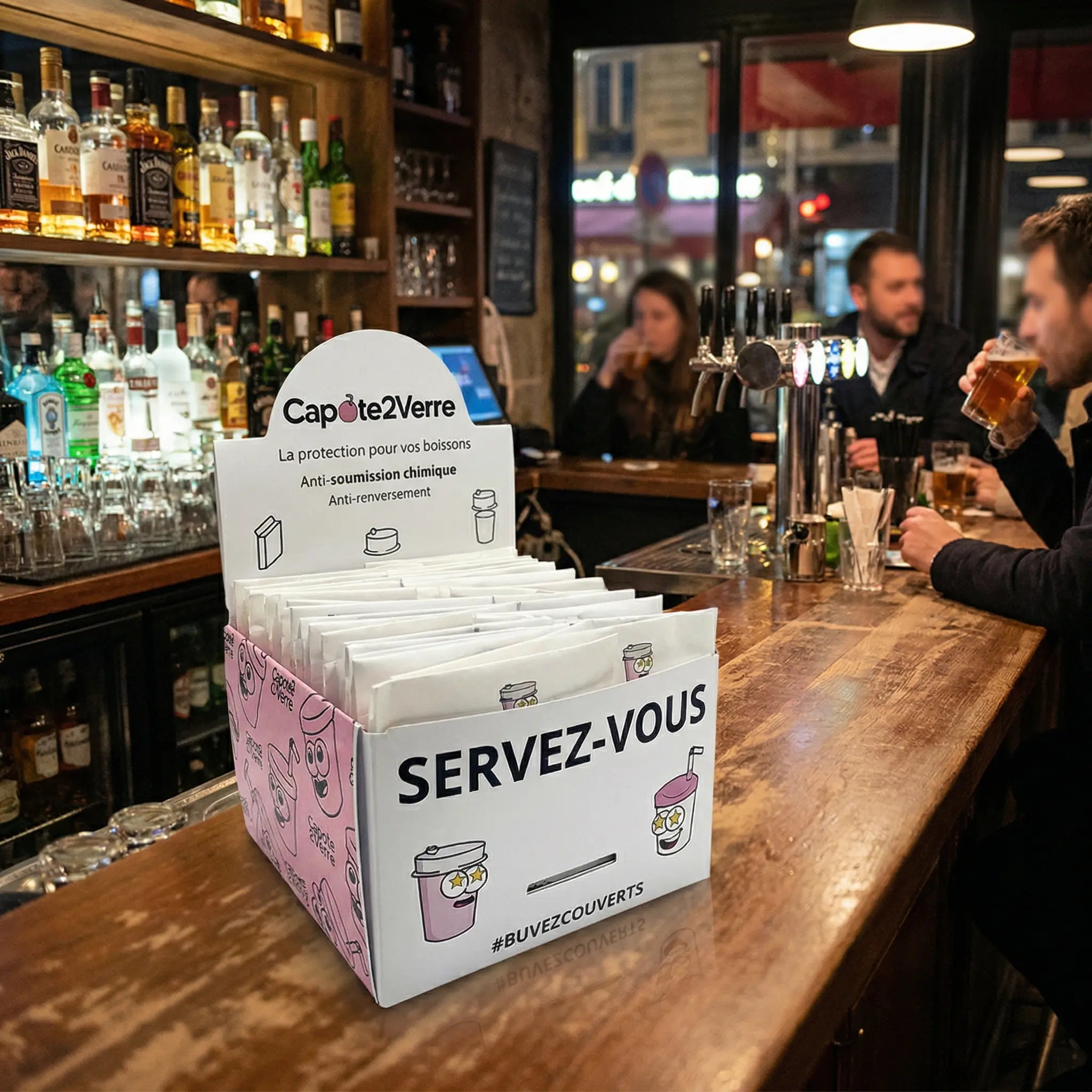 Display med 30 drinkskydd – Skydd mot droger och spill