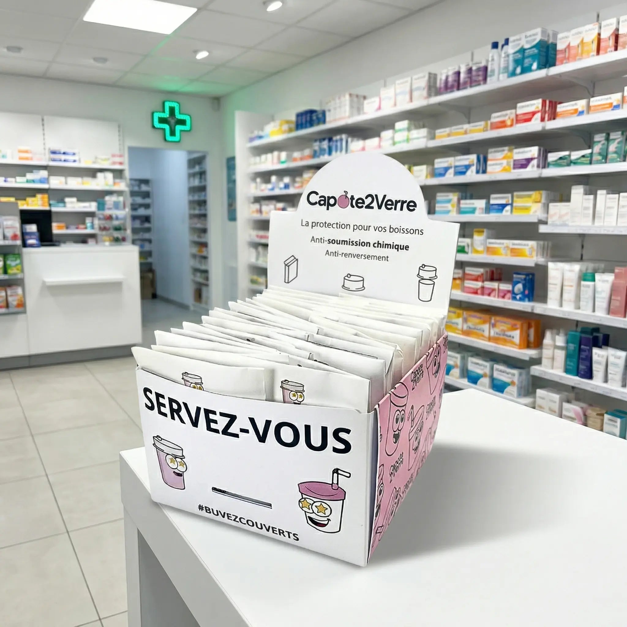 Display med 30 drinkskydd – Skydd mot droger och spill